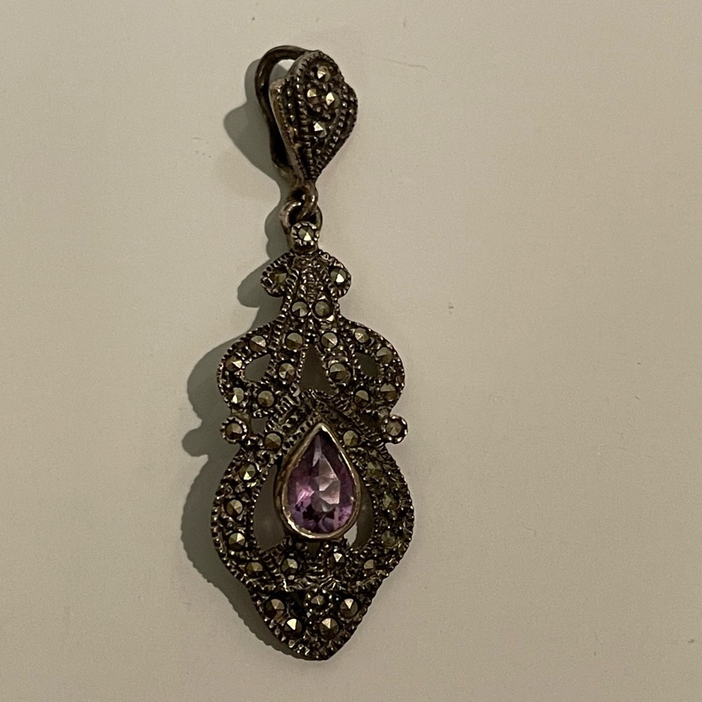 925 Sterling Silver Genuine Amethyst & Marcasite Pendant Vintage